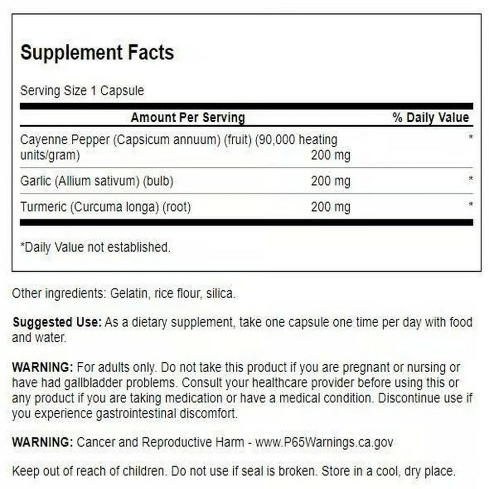 Swanson Full Spectrum Turmeric Garlic Cayenne bottle pour showing convenient daily capsules.