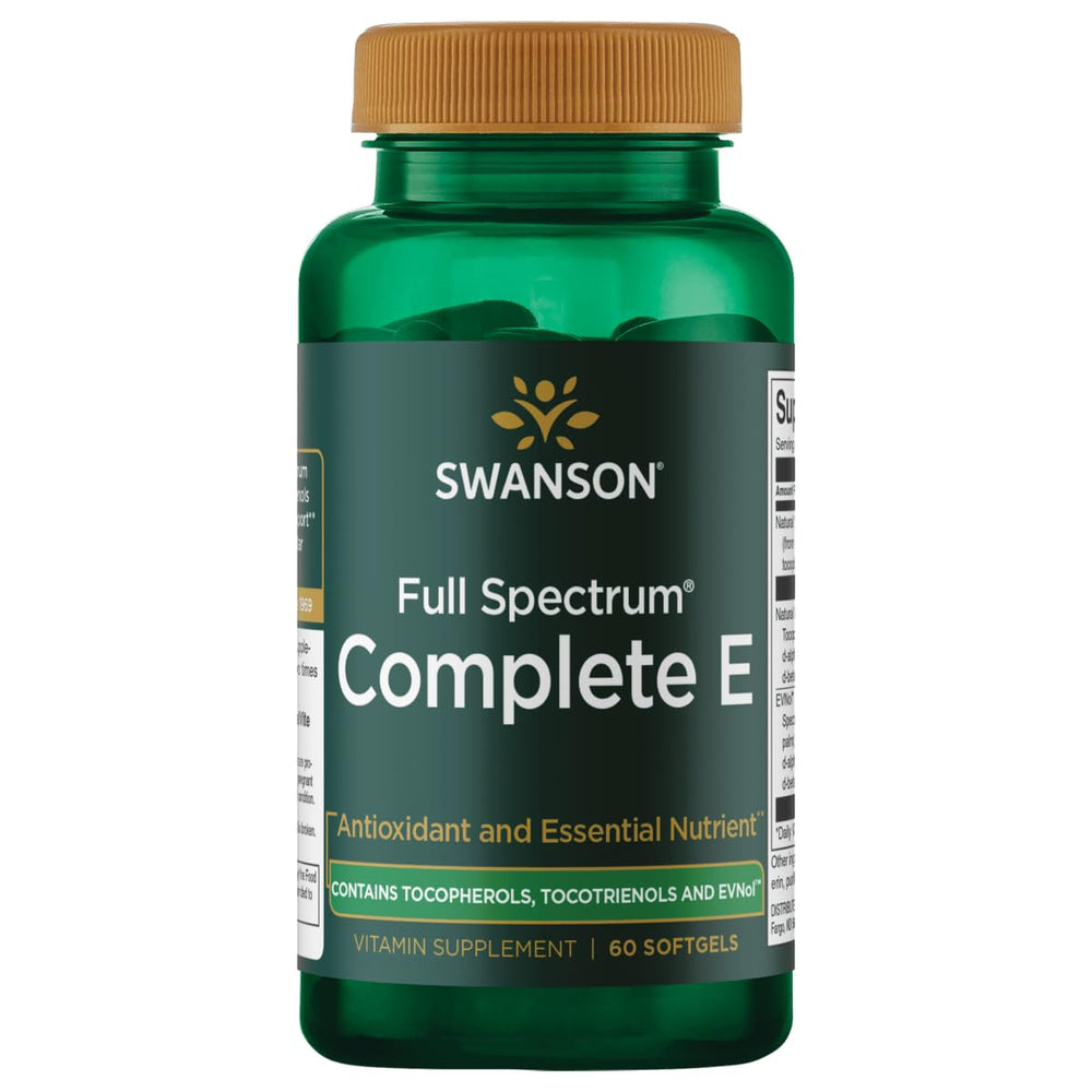 Swanson full-spectrum vitamin E softgels in bottle for daily wellness.
