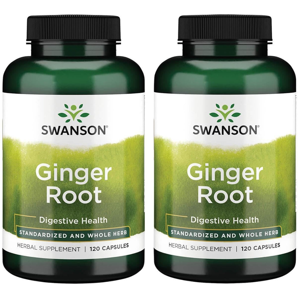 Swanson Ginger Root bottle with standardized extract offers digestive comfort and whole herb benefits.