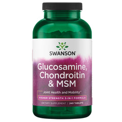 Swanson Glucosamine Chondroitin MSM bottle highlights joint support and mobility.