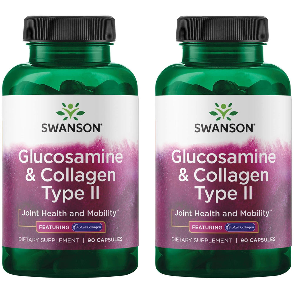 Swanson Glucosamine & Collagen Type II BioCell bottle supporting joint mobility and skin elasticity.