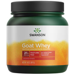 Swanson goat whey protein concentrate bottle highlighting protein power and energy support