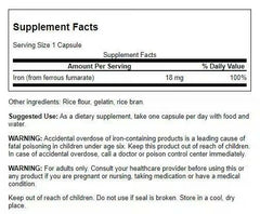 Swanson Iron bottle with pills, visual focus on oxygen delivery support.