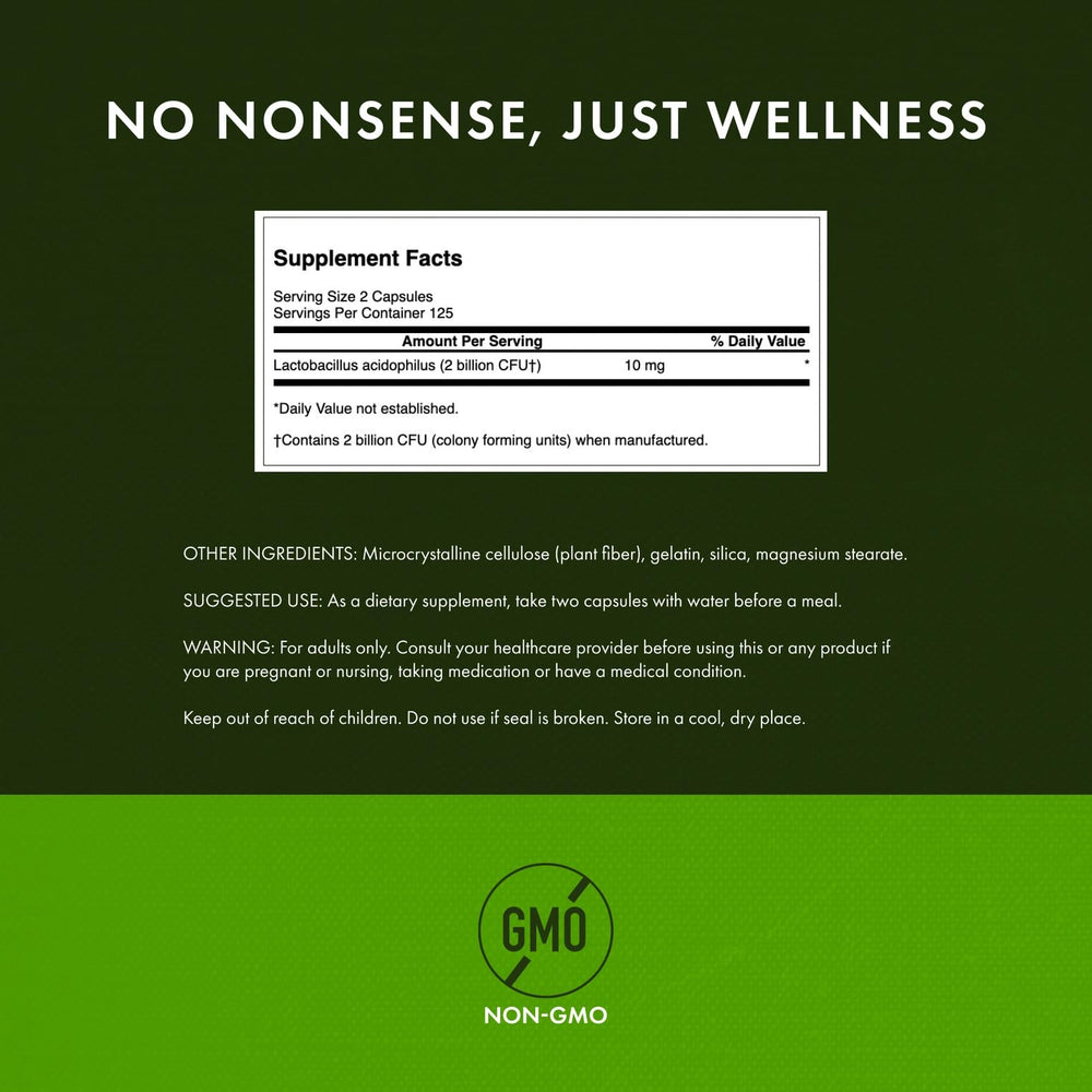 Swanson Lactobacillus Acidophilus packaging box highlights non-GMO probiotic formula.