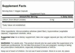 Close-up of Swanson Lithium Orotate label, highlighting 5 mg elemental lithium