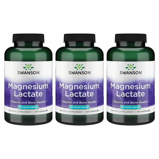 Swanson Magnesium Lactate bottle shows 84 mg magnesium per capsule for daily support.
