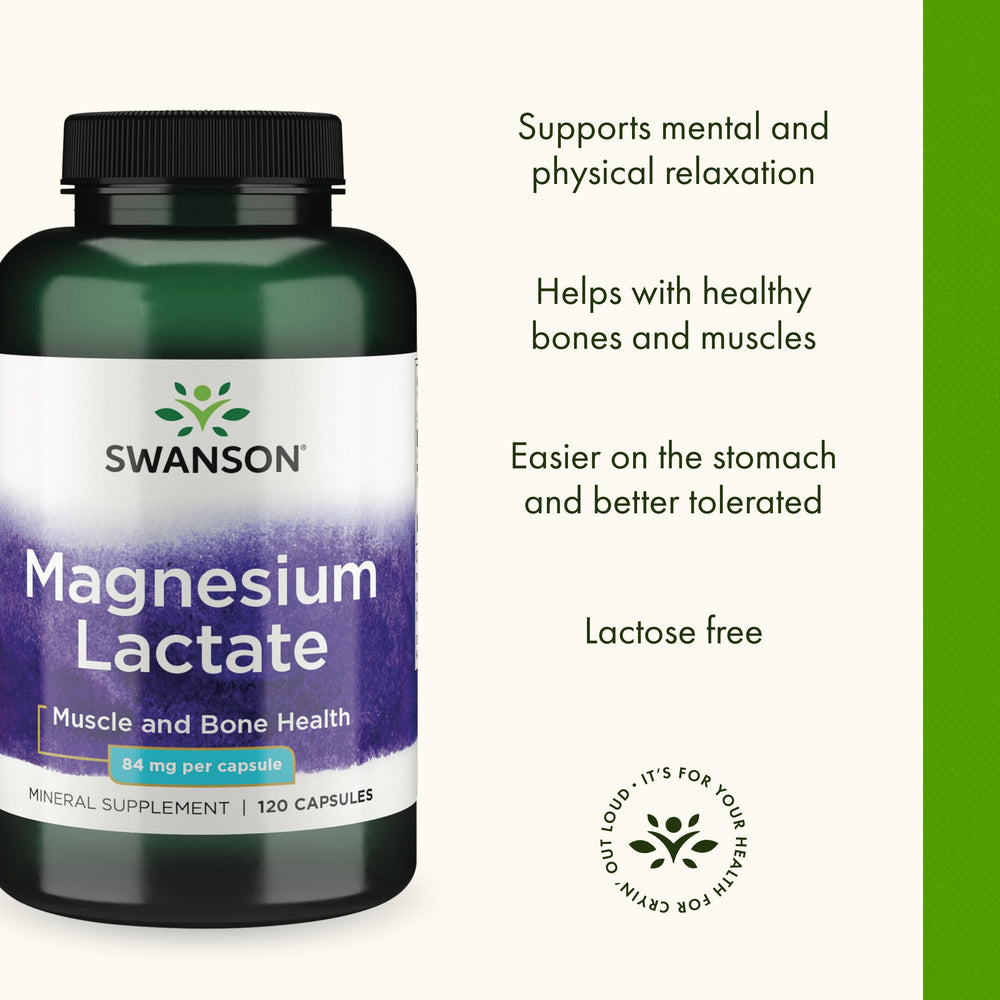Swanson Magnesium Lactate packaging scene, lactose-free mineral supplement
