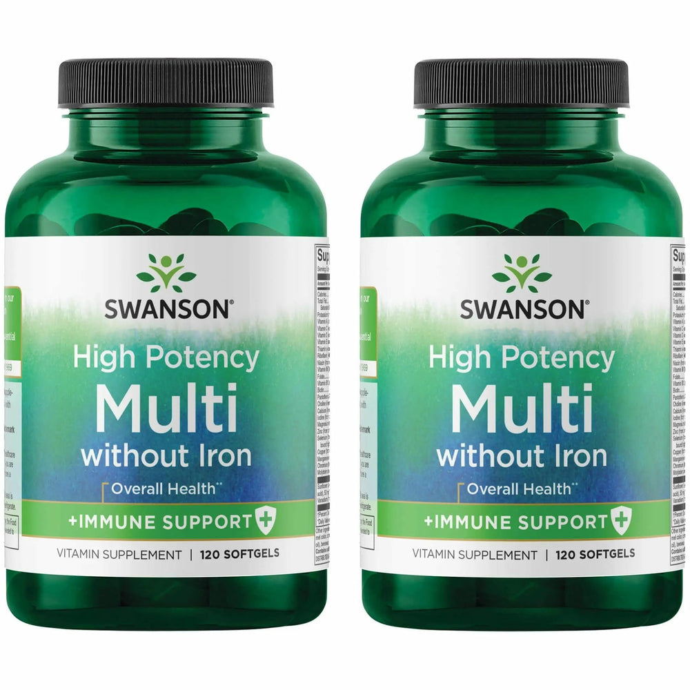 Swanson Multi Without Iron bottle showing the label highlights antioxidant and mineral support.