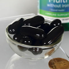Swanson Multi Without Iron label close-up emphasizing phytonutrients and minerals.