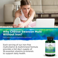 Swanson Multi Without Iron bottle on shelf implies convenient daily nutrition.