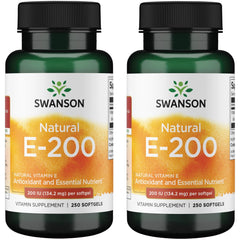 Swanson Natural Vitamin E softgel bottle, easy-to-swallow capsules for daily wellness support.