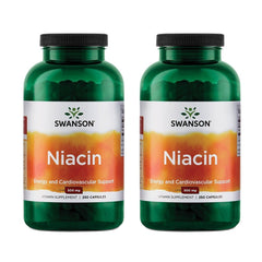 Swanson Niacin B3 bottle and capsules; supports metabolism and cardio health.