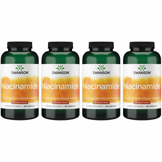 Swanson Niacinamide bottle label with 250 mg capsules for energy metabolism and heart health.