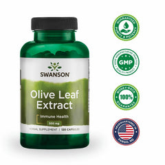 Swanson olive leaf extract capsules arranged for convenient daily use.