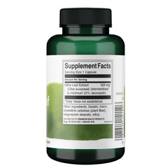 Swanson olive leaf extract label close-up showing 20% oleuropein potency.