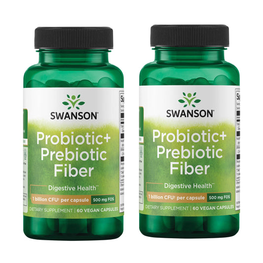 Swanson Prebiotic + Probiotic Fiber bottle front showing label and benefits for digestion