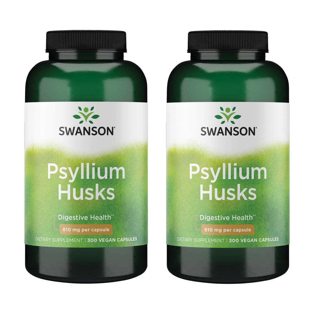 Swanson psyllium husk bottle label shows 610 mg capsules for daily fiber support.