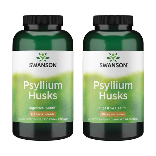 Swanson psyllium husk bottle label shows 610 mg capsules for daily fiber support.