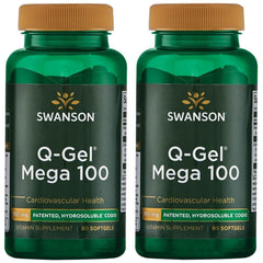 Swanson Q-Gel Mega 100 bottle with high-absorption CoQ10 softgels for energy support.