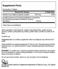 Swanson Q-Gel Mega 100 softgel closeup highlights size and absorption benefits.