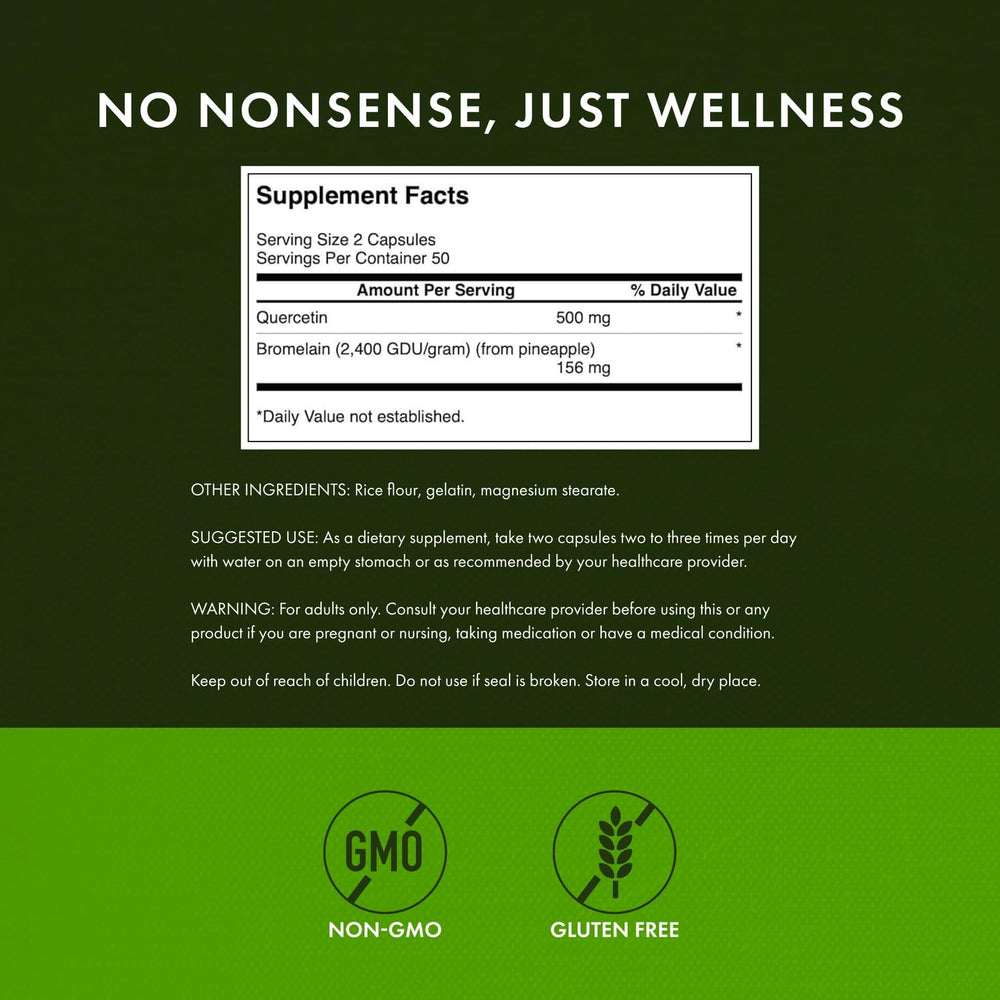 Swanson quercetin bromelain packaging shows product details for informed choices.