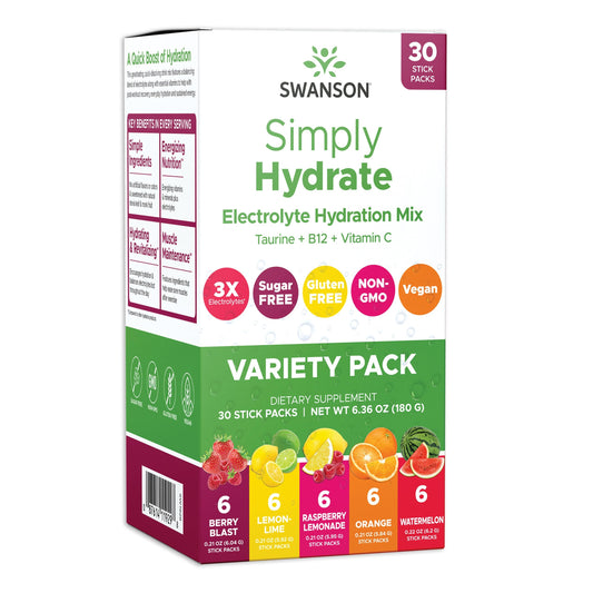 Swanson Simply Hydrate bottle label ready for quick, sugar-free hydration on the go.