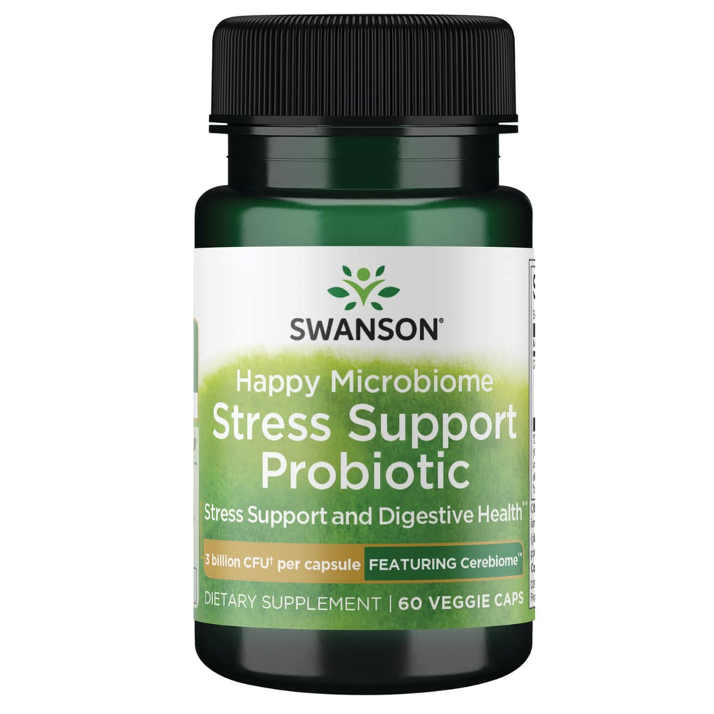 Swanson Stress Support Prob W Cereb bottle front showing probiotic support for digestion