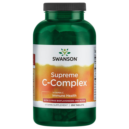 Swanson Supreme Vitamin C Complex bottle showing 250 tabs for daily immune support.