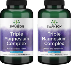Swanson Triple Magnesium Complex bottle front view with vegan capsules visible, inviting daily use.