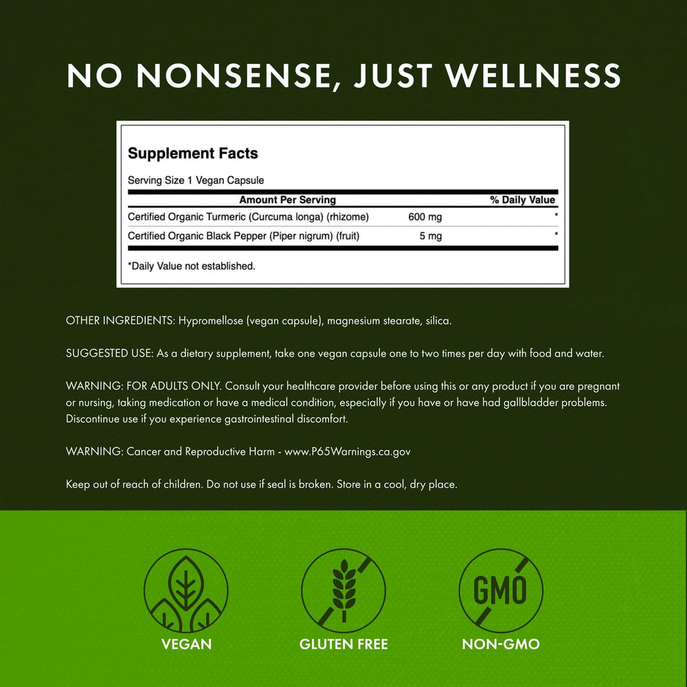 Closeup of the Swanson label highlighting organic, vegan, non-GMO, gluten-free claims.