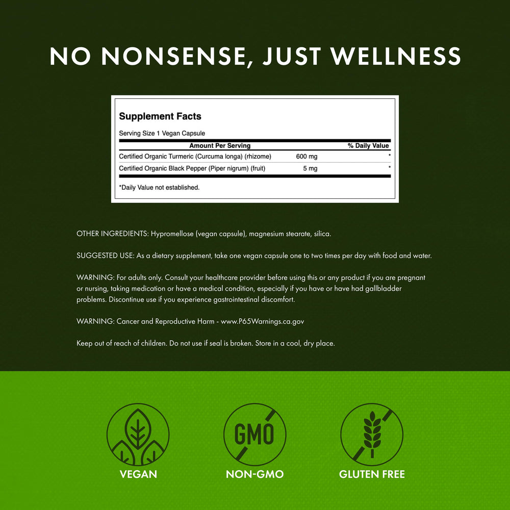 Swanson turmeric ingredient label close-up emphasizing organic turmeric and black pepper for absorption