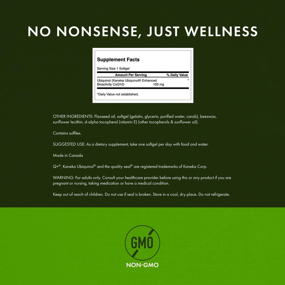 Swanson Ubiquinol 100 mg label artwork emphasizing non-GMO and Kaneka nutrients