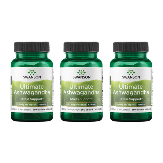 Swanson Ultimate Ashwagandha KSM-66 bottle on a clean surface promoting calm daily balance.