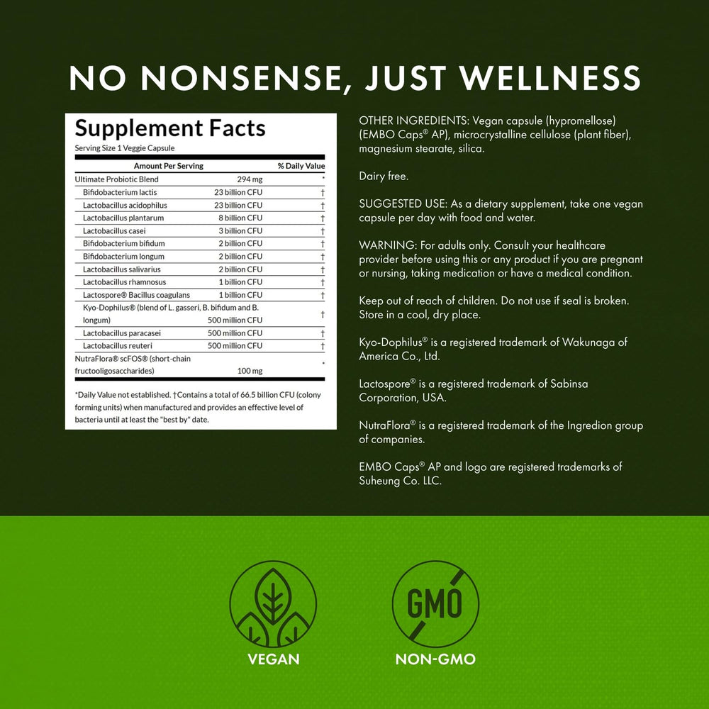 Swanson probiotic bottle side view notes NutraFlora prebiotic inclusion.