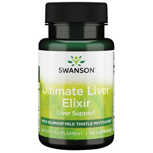 Swanson Ultra Liver Elixir bottle highlighting liver support and premium ingredients.