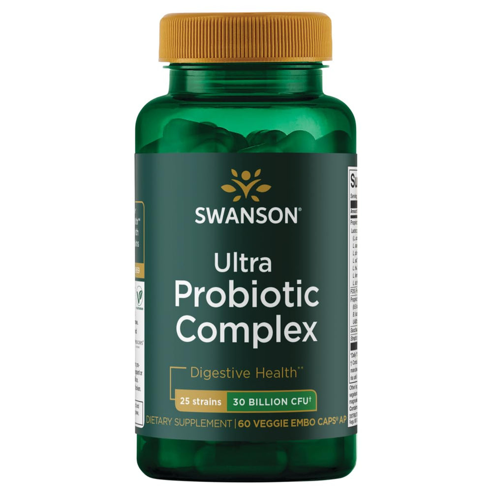 Swanson Ultra Probiotic Complex bottle showing 60 veggie capsules for digestive balance.