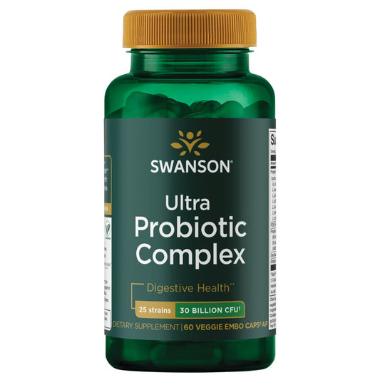 Swanson Ultra Probiotic Complex bottle showing 60 veggie capsules for digestive balance.
