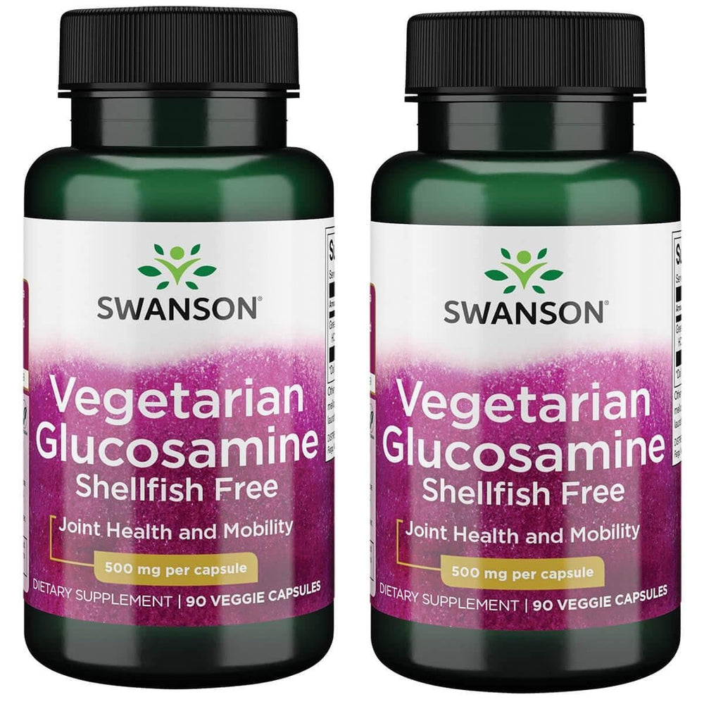 Swanson Vegetarian Glucosamine 2-pack bottle emphasizes joint health support and shellfish-free formula.
