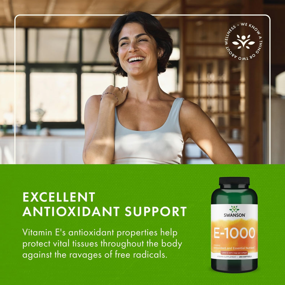 Swanson Vitamin E 1000 IU bottle on the kitchen counter ready for routine use