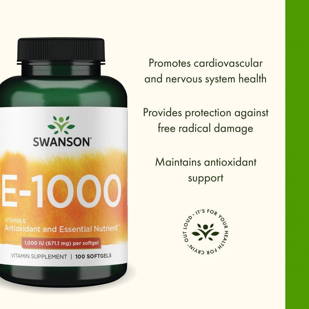 Swanson Vitamin E packaging front view conveys trusted, GMP-certified production.