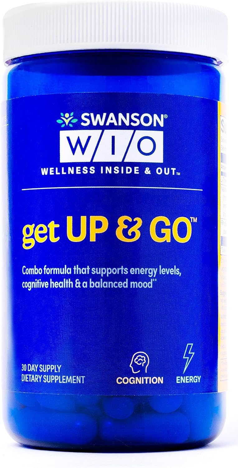 Swanson WIO Get UP & GO bottle promotes balanced energy for daily tasks.