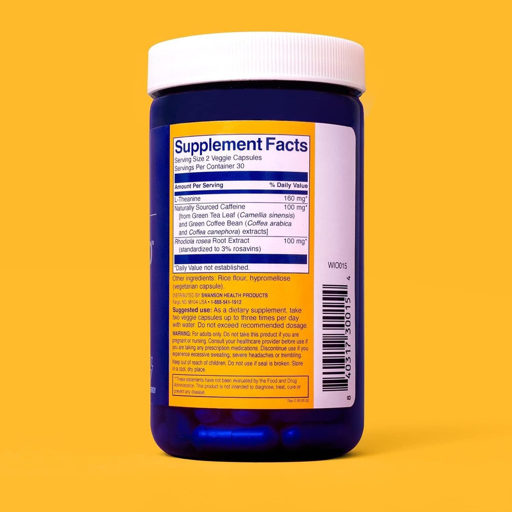 Swanson WIO Get UP & GO capsules highlight vegan cognitive support and natural caffeine.