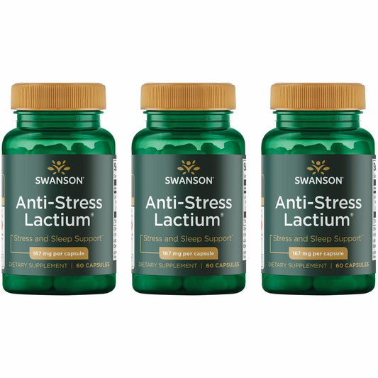 Swanson Women's Anti-Stress Formula bottle with label and capsules for calm support.