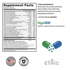 Sweat Ethic Multi-Vitamin label closeup highlights a complete nutrient blend for workouts.