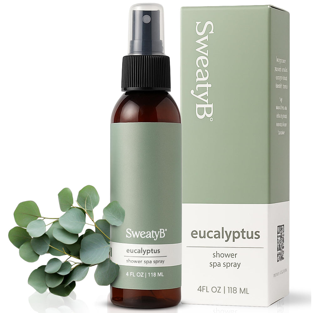 SweatyB eucalyptus shower spray bottle, pure essential oil for at-home spa use.
