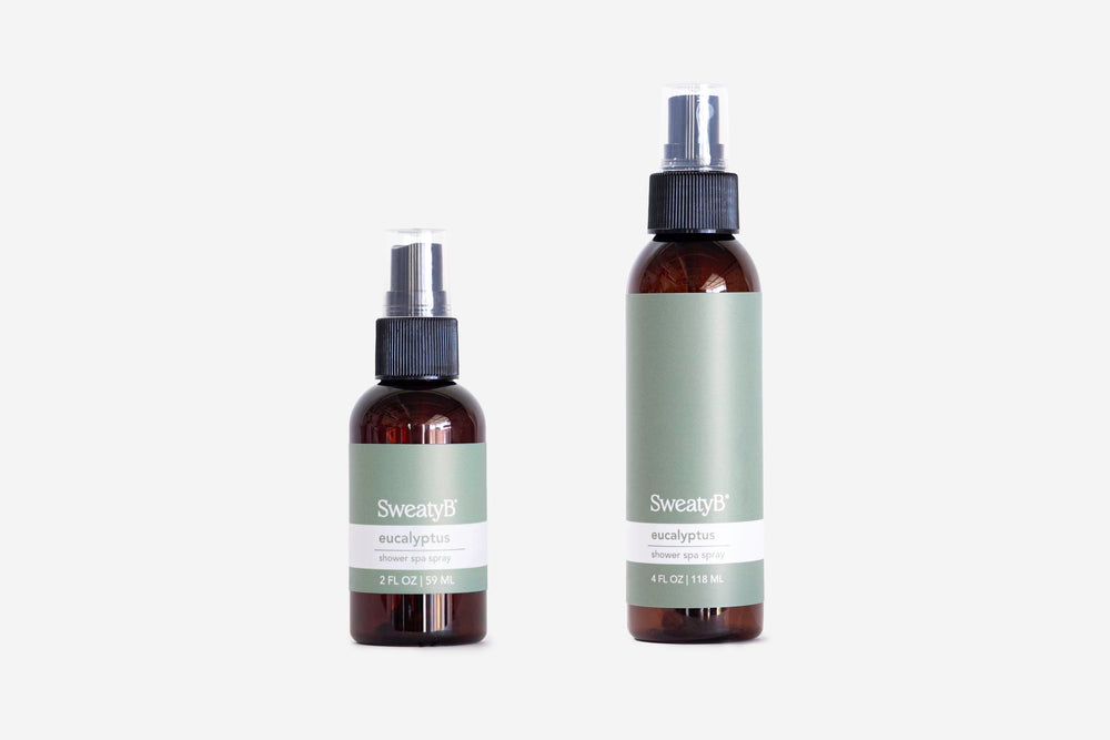SweatyB eucalyptus shower spray small bottle for daily travel use.