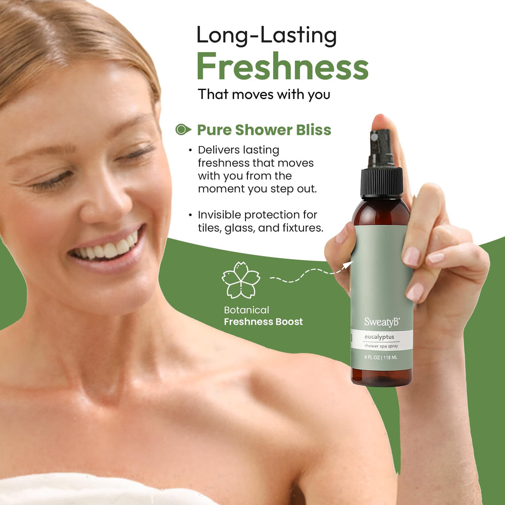 SweatyB eucalyptus shower spray at-home spa ambiance in shower.