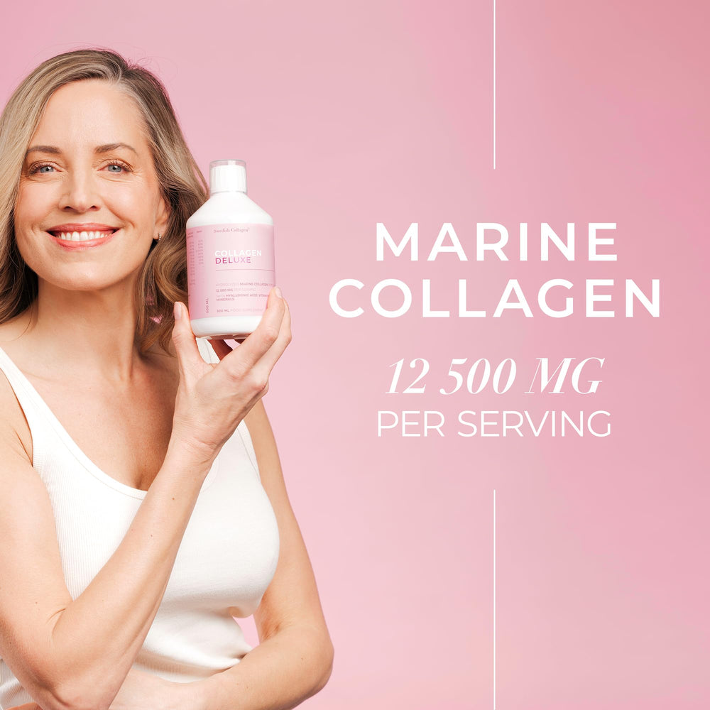 Swedish Collagen Deluxe bottle close-up showing liquid texture for absorption