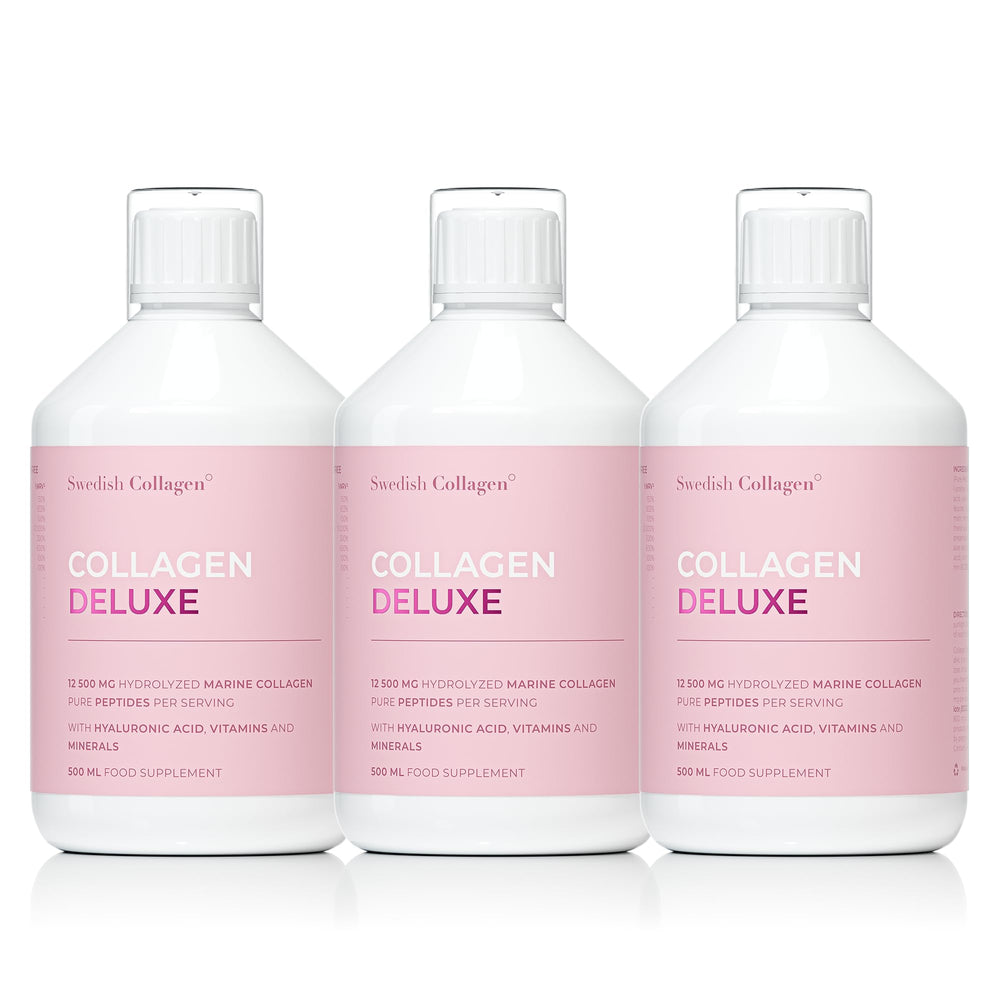 Swedish Collagen Deluxe bottle setup shows a 60-day supply for daily beauty routines