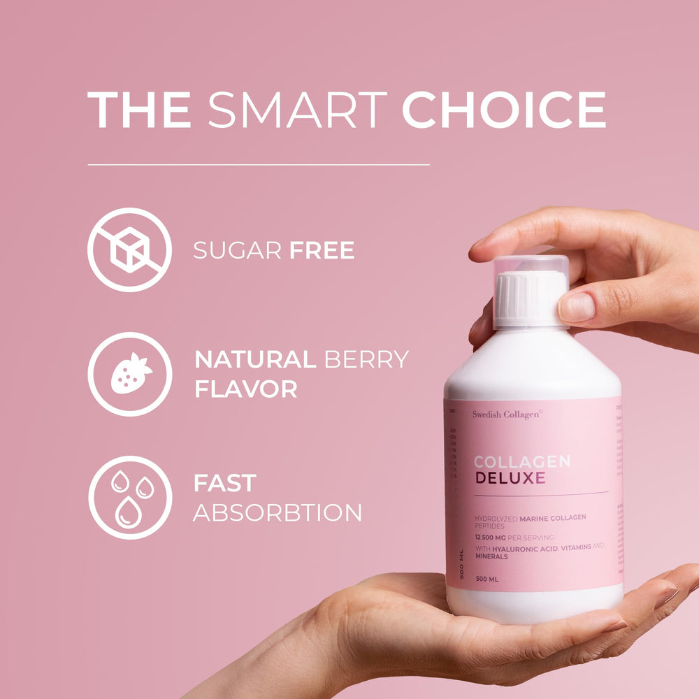 Swedish Collagen Deluxe bottle design featuring Hyaluronic Acid for a radiant look